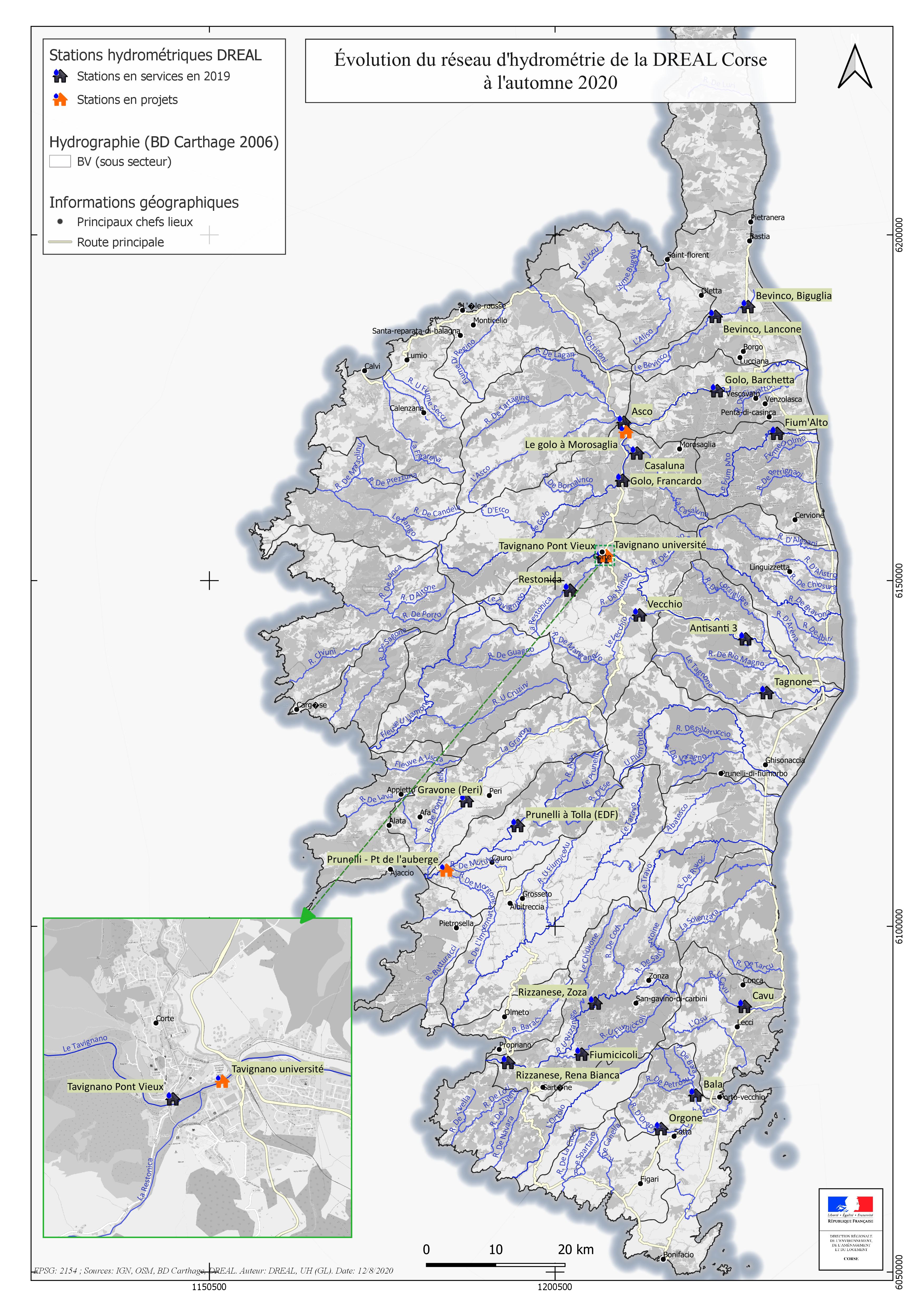 Réseau de stations hydrométriques exploitées par la DREAL Corse